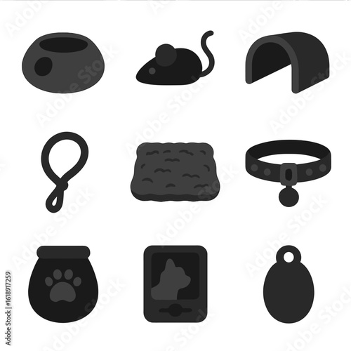 Felted Pet Accessories Icons. Solid, filled icons set of felted pet accessories: wool pet bed, felted toy