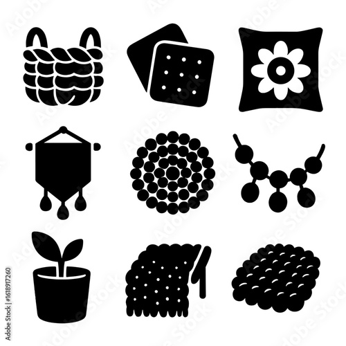 Felted Wool Decor Icons. Solid, filled icons set of felted wool projects for home decor and accessories: wool