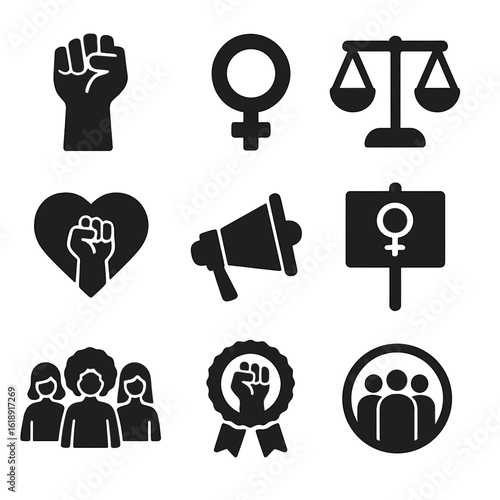 Feminism Icons Grid. Solid, filled icons set of feminism: raised fist, female gender symbol, equality scale,