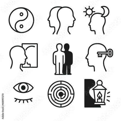 Psyche Icon Set. Outline icon set of light and shadow aspects of psyche: yin-yang symbol, dual faces back-to-back, sun and moon