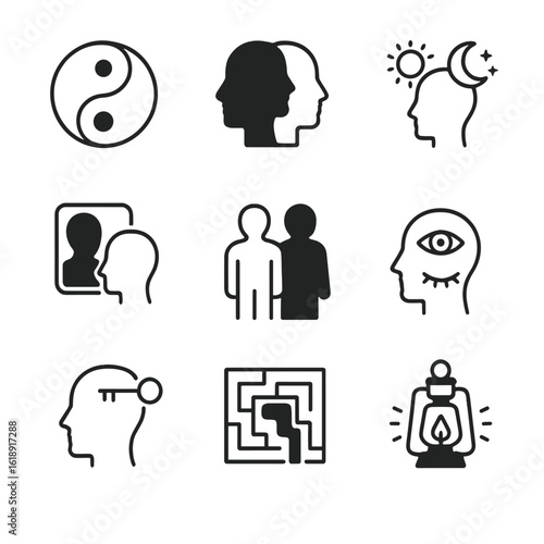 Psyche Icon Set. Outline icon set of light and shadow aspects of psyche: yin-yang symbol, dual faces back-to-back, sun and moon