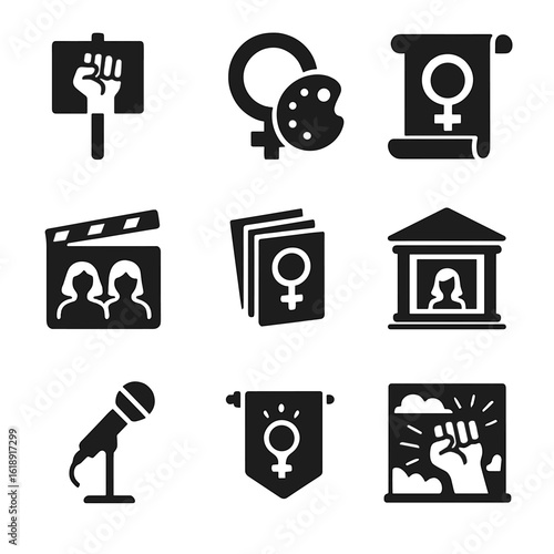 Feminist Icon Array. Solid, filled icons set of feminist art and cultural expression: protest poster, symbolic