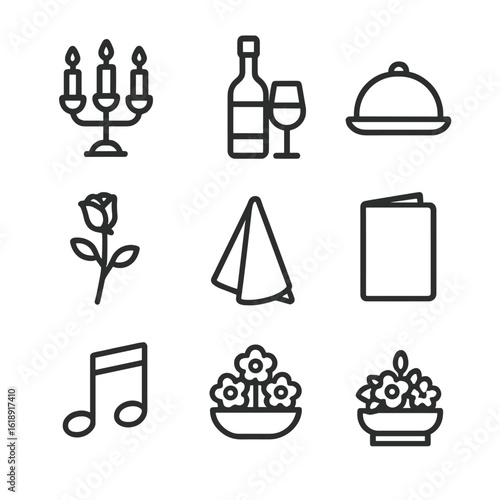Romantic Dinner Icons. Outline icon set of romantic dinner setup: candle holder, wine bottle, wine glass, plated dish, rose stem,