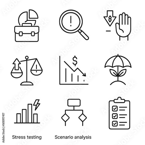 Risk Management Icons. Outline icon set of risk management: portfolio diversification, risk assessment, stop loss, leverage, value