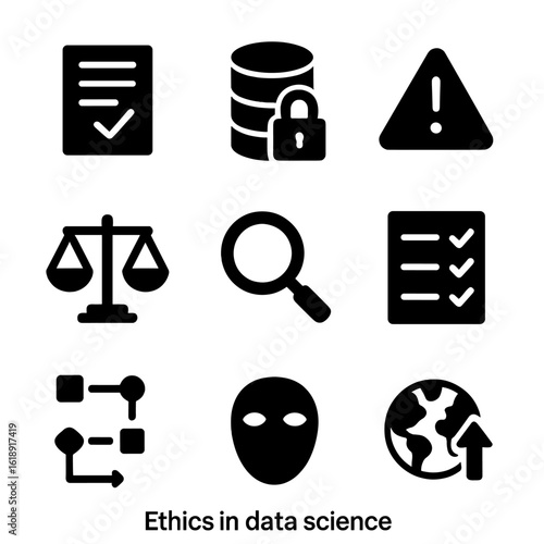 Data Ethics Icons. Solid, filled icon set of ethics in data science: consent form, data privacy icon, bias warning, fairness scale