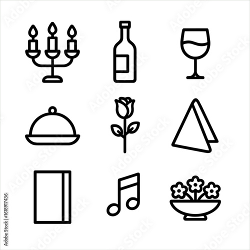 Romantic Dinner Icons. Outline icon set of romantic dinner setup: candle holder, wine bottle, wine glass, plated dish, rose stem,