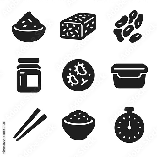 Fermented Protein Icons. Solid, filled icons set of fermented protein-rich foods: miso paste, tempeh block,