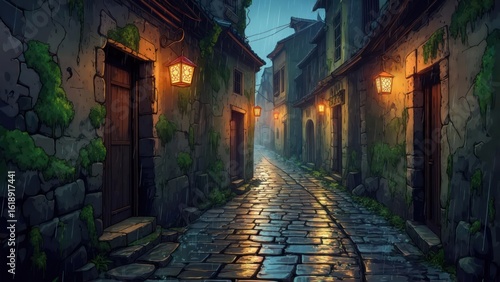 Rainy alleyway in an old town