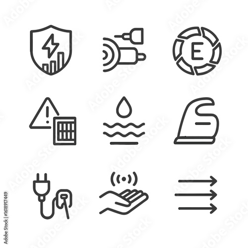 Safety Efficiency Icons. Outline icon set of safety and efficiency features: overload protection icon, noise reduction muffler,