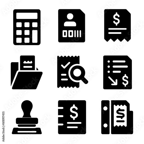 Financial Icons Grid. Solid, filled icons set of financial and tax receipt documents: calculator, tax ID