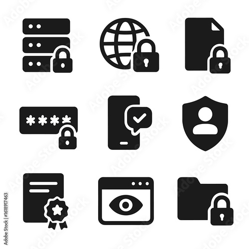 Data Protection Icons. Solid, filled icons set of data protection tools: secure server, VPN icon, encrypted