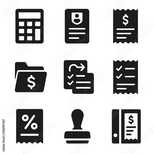 Financial Icons Grid. Solid, filled icons set of financial and tax receipt documents: calculator, tax ID
