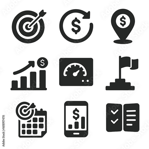 Financial Icons Set. Solid, filled icons set of financial goal setting and KPIs: target board, ROI icon,