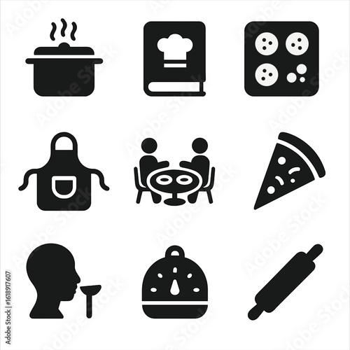 Food Hobby Icons. Solid, filled icons set of food-related bonding hobbies: cooking pot, recipe book, baking