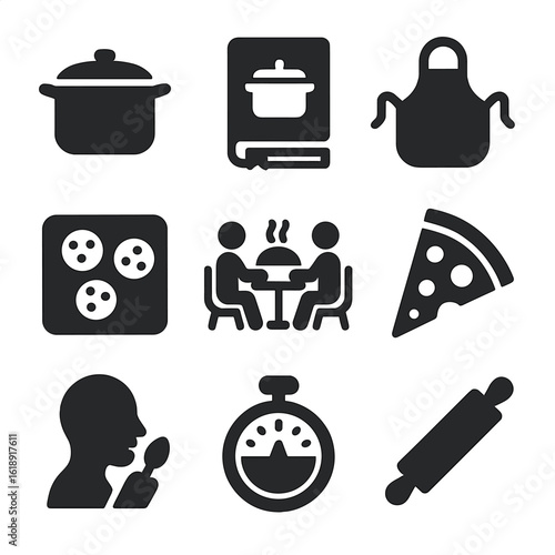 Food Hobby Icons. Solid, filled icons set of food-related bonding hobbies: cooking pot, recipe book, baking