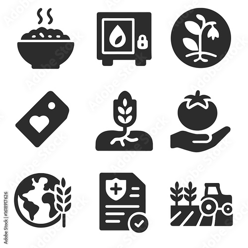 Food Security Icons. Solid, filled icons set of food security and genetic crop improvement: food bowl icon,