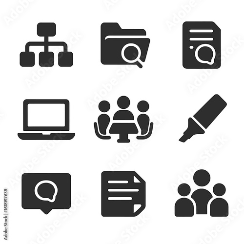 Debate Preparation Icons. Solid, filled icons set of debate team preparation: argument map, research folder,