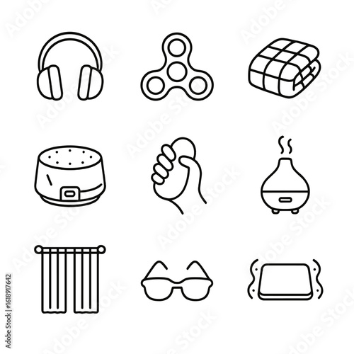 Sensory Tools Icons. Outline icon set of sensory regulation tools: noise-cancelling headphones, fidget spinner, weighted blanket,