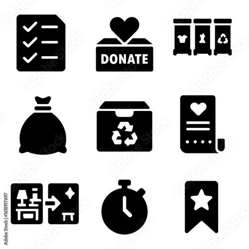 Decluttering Icons Grid. Solid, filled icons set of decluttering process: checklist, donation box, sorting