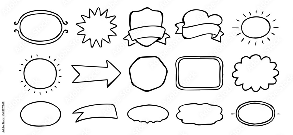 Fototapeta premium Set of Hand-Drawn Doodle Badge Shapes in Black Vector Outline Style, Editable Formats: AI, EPS, JPG, PNG, Ideal for Both Digital and Print Use