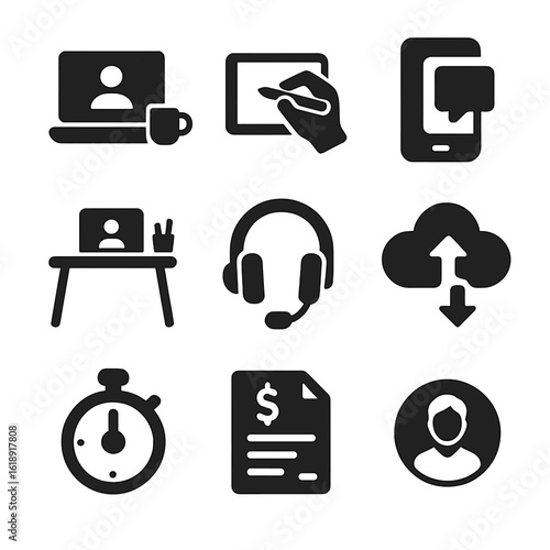 Freelancer Icon Grid. Solid, filled icons set of freelancers working on digital devices: laptop with coffee