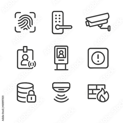 Smart Office Security Icons. Outline icon set of smart office security features: biometric fingerprint scanner, digital door lock,