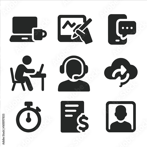 Freelancer Icon Grid. Solid, filled icons set of freelancers working on digital devices: laptop with coffee