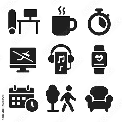 Freelancer Wellness Icons. Solid, filled icons set of freelancer wellness and work-life balance: yoga mat