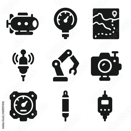 Deep Sea Icon Set. Solid, filled icons set of deep sea exploration tools: submersible, pressure gauge,