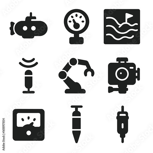 Deep Sea Icon Set. Solid, filled icons set of deep sea exploration tools: submersible, pressure gauge,