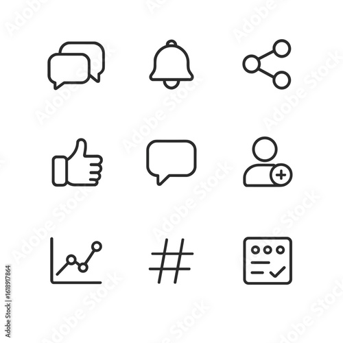 Social Media Icon Set. Outline icon set of Audience engagement and social media: live chat, push notification, share button,