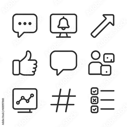 Social Media Icon Set. Outline icon set of Audience engagement and social media: live chat, push notification, share button,
