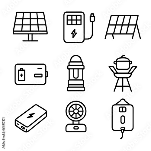 Solar Camping Essentials Icons. Outline icon set of solar-powered camping: solar panel, portable charger, foldable panel stand,