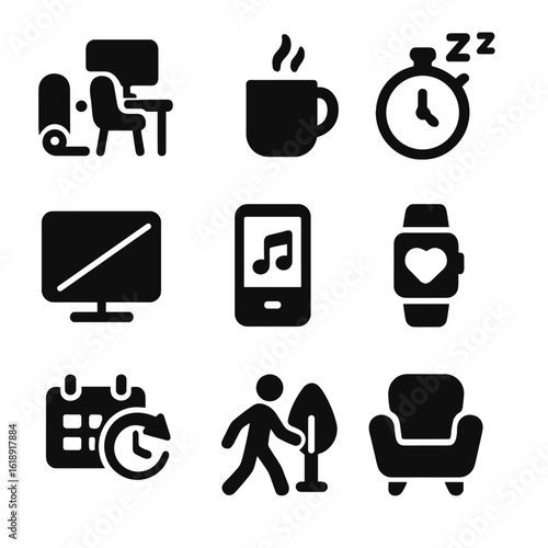 Freelancer Wellness Icons. Solid, filled icons set of freelancer wellness and work-life balance: yoga mat