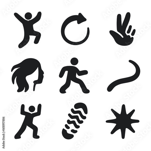 Freestyle Movement Icons. Solid, filled icons set of freestyle movement: jumping pose, spin motion, hand