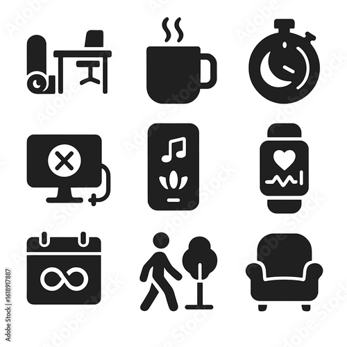 Freelancer Wellness Icons. Solid, filled icons set of freelancer wellness and work-life balance: yoga mat