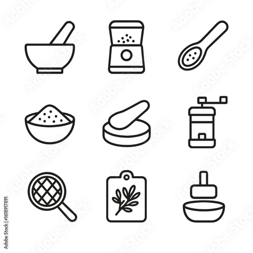 Spice Preparation Icons. Outline icon set of spice grinding and preparation: mortar and pestle, spice grinder, wooden spoon, spice