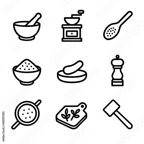 Spice Preparation Icons. Outline icon set of spice grinding and preparation: mortar and pestle, spice grinder, wooden spoon, spice