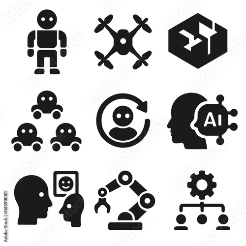 Future Home Robot Icons. Solid, filled icons set of future home robot concepts: humanoid robot, foldable drone