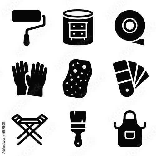 Furniture Refurbishing Icons. Solid, filled icons set of painting and refurbishing furniture: paint roller,