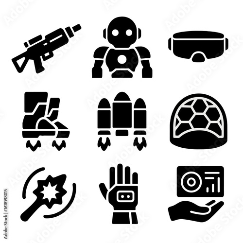 Futuristic Action Icons. Solid, filled icons set of futuristic action shooters: laser rifle, robotic enemy,