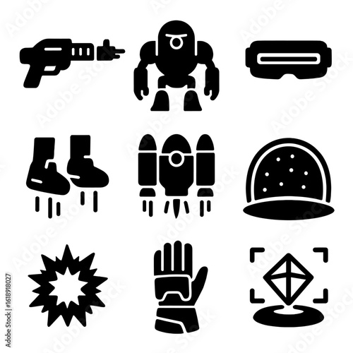 Futuristic Action Icons. Solid, filled icons set of futuristic action shooters: laser rifle, robotic enemy,