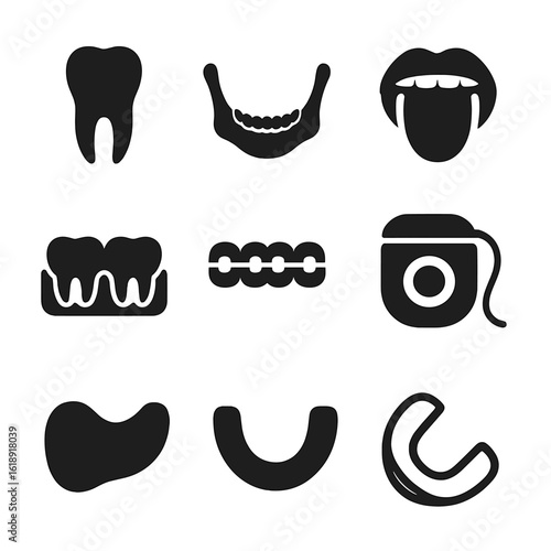 Dental Icon Grid. incisors, jawbone, tongue, gums, teeth outline, braces, dental floss, mouth guard. Solid, filled icons in only