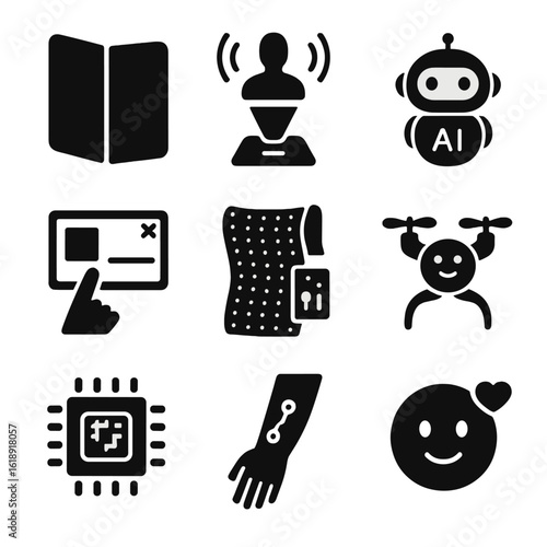 Futuristic Gadget Icons. Solid, filled icons set of futuristic and conceptual gadgets: foldable phone,