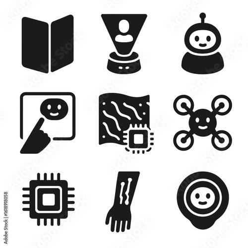 Futuristic Gadget Icons. Solid, filled icons set of futuristic and conceptual gadgets: foldable phone,