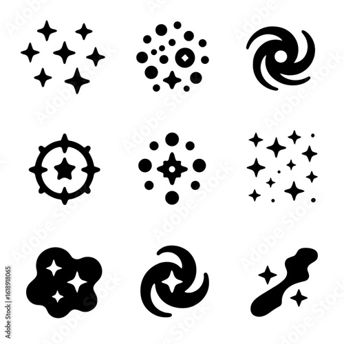 Galactic Icon Set. Solid, filled icons set of star clusters and galactic formations: open cluster, globular