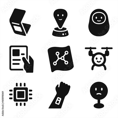 Futuristic Gadget Icons. Solid, filled icons set of futuristic and conceptual gadgets: foldable phone,