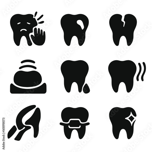 Dental Issues Icons. Solid, filled icon set of dental pain and issues: toothache, cavity, cracked tooth, swollen gums, dental