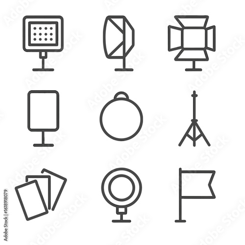 Studio Lighting Icons. Outline icon set of studio lighting accessories: LED panel, softbox, barn doors, diffusion panel, reflector