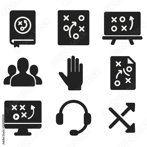 Game Strategy Icons. Solid, filled icons set of team strategy and game planning: playbook, Xs and Os board,